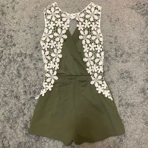 Olive Green Romper with Crocheted Lace Floral Back